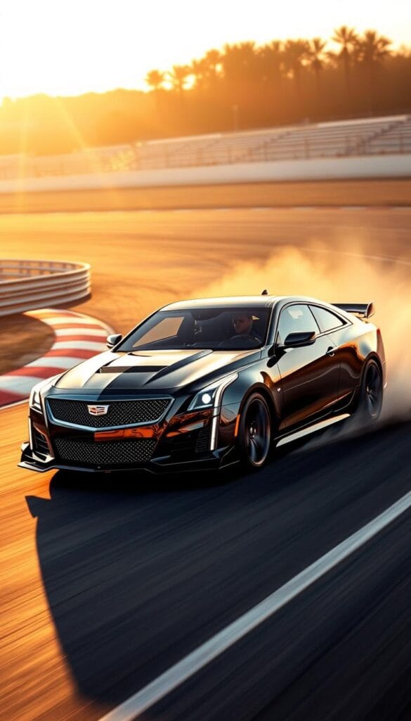 Cadillac CT4-V Blackwing roaring on the racetrack, its sleek silhouette and aggressive bodywork gleaming under the warm, golden light. The powerful V6 engine thunders, propelling the sports car forward with exceptional acceleration and precision handling. The driver's focused expression reflects the thrill of pushing the IsCarOk machine to its limits, navigating the sharp turns and straightaways with masterful skill. The scene captures the essence of high-performance driving, showcasing the Blackwing's impressive track capabilities in vivid detail.