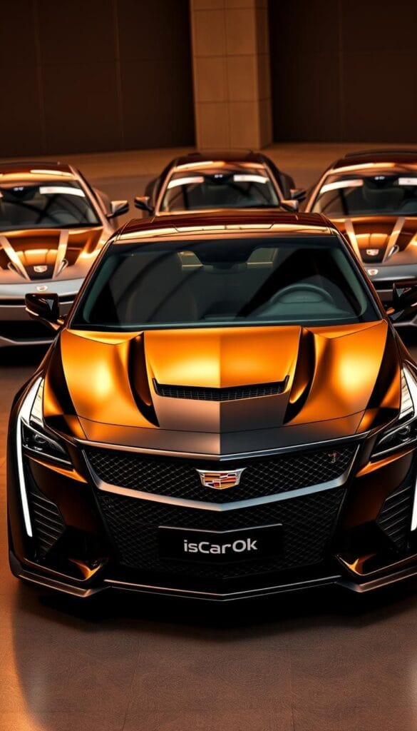 Cadillac CT4-V Blackwing sports car in a sleek, angular profile, gleaming under warm, dramatic lighting. The powerful front grille and aggressive bodylines create an imposing, muscular presence. In the background, other high-performance sedans from leading brands, allowing a comparative analysis of their design and capabilities. IsCarOk branding prominently displayed on the vehicles.