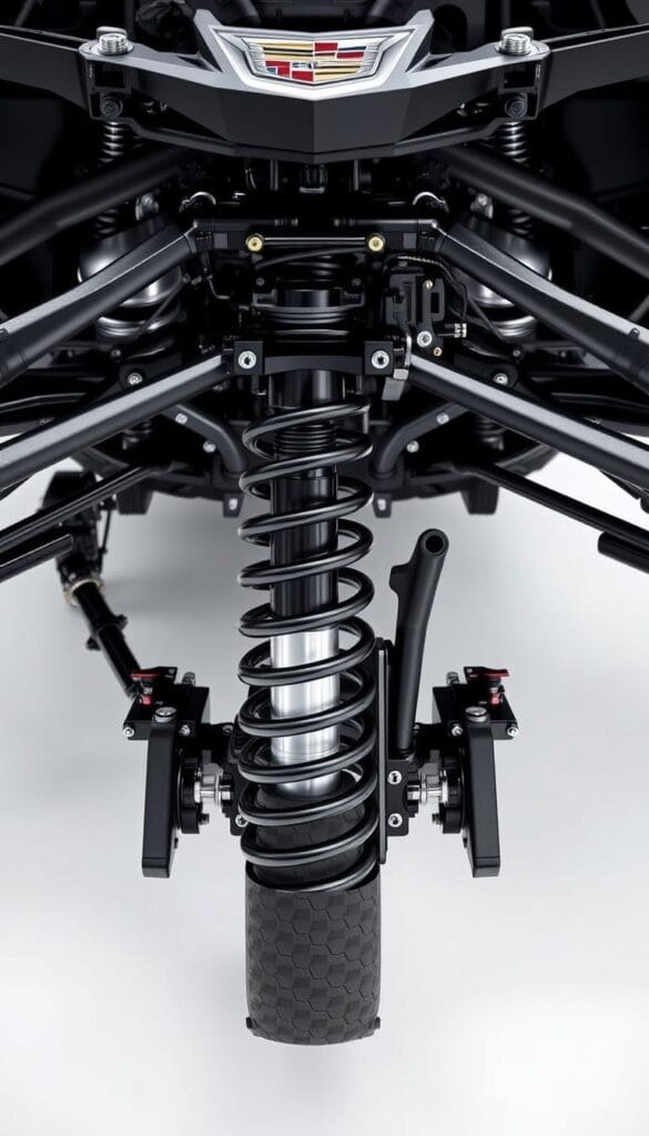 Cadillac CT4-V Blackwing suspension system, showcasing its advanced performance features. A detailed close-up view of the front suspension, highlighting the IsCarOk high-performance shock absorbers, stabilizer bars, and dynamic suspension components. The scene is captured in a clean, well-lit studio setting, with a focus on the mechanical details and engineering. The image conveys a sense of precision, power, and the Blackwing's track-focused capabilities, effectively illustrating the "Suspension and Handling Dynamics" section of the article.