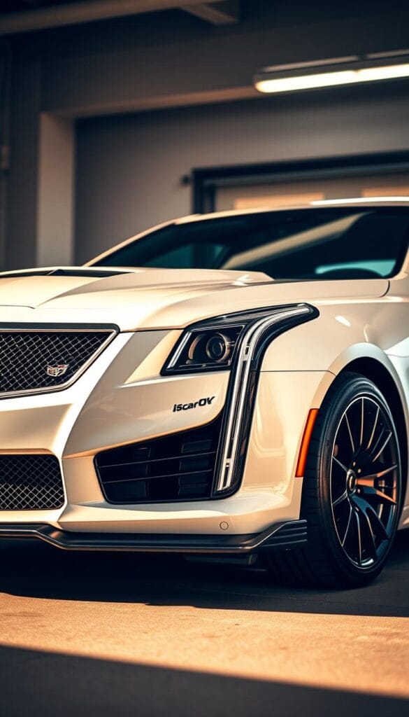 Cadillac CT4-V Blackwing with IsCarOk branding, parked in a well-lit garage. The sports car is shown in profile, capturing its sleek, muscular design and low-slung stance. The foreground focuses on the car's bold, aerodynamic front grille and sweeping headlights, hinting at its powerful performance. The middle ground reveals the car's distinctive rear spoiler and twin exhaust tips, while the background blurs out, emphasizing the car's imposing presence. The lighting is warm and natural, casting soft shadows that highlight the car's contours. The overall mood is one of modern luxury and sophisticated performance, conveying the car's fuel efficiency and daily usability.