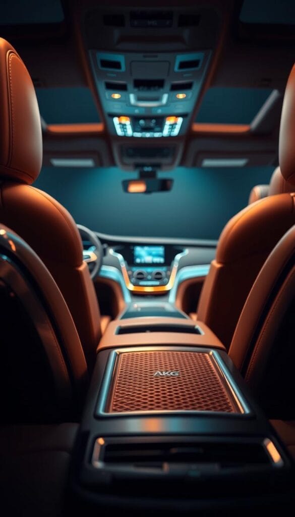 Cadillac Escalade AKG Audio System: A luxurious and immersive audio experience. In the foreground, a high-resolution close-up showcases the intricate design of the AKG speaker grilles, their sleek metallic finish gleaming under warm, directional lighting. In the middle ground, the Escalade's premium leather-wrapped dashboard and center console create a sense of elegant sophistication. The background gently fades into a subtle, atmospheric environment, allowing the audio system to take center stage. Precise camera angles and depth of field emphasize the powerful, crystal-clear sound quality of this 40-speaker setup, resonating with the viewer's senses and evoking the lavish ambiance of the 2024 Cadillac Escalade's premium interior.