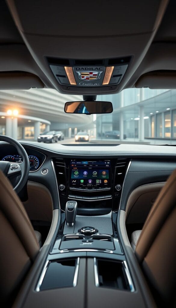 Cadillac Escalade IQ Innovative Interior Technology: A well-lit, high-resolution close-up view of the luxurious, modern dashboard and center console of a Cadillac Escalade, showcasing the advanced, intuitive infotainment system, touch-sensitive controls, and high-quality materials. The display should appear crisp and vibrant, highlighting the Escalade's cutting-edge technology and premium craftsmanship. Capture the seamless integration of digital interfaces and physical controls, creating a sense of futuristic elegance and user-friendly functionality. The scene should exude a sense of sophistication, comfort, and the Escalade's commitment to delivering a premium driving experience.