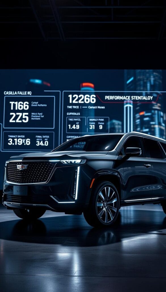 Cadillac Escalade IQ, a sleek and powerful 2025 luxury SUV, showcasing its advanced Performance Technology. Captured in a dynamic studio setting, the Escalade IQ stands in the foreground, its bold grille and chiseled body illuminated by dramatic lighting. The mid-ground features a digital display highlighting the SUV's performance capabilities, with technical specifications and data visualizations. In the background, a blurred cityscape provides a high-tech urban backdrop, hinting at the Escalade IQ's exceptional handling and agility. The overall composition conveys a sense of sophistication, innovation, and the seamless integration of cutting-edge automotive technology.