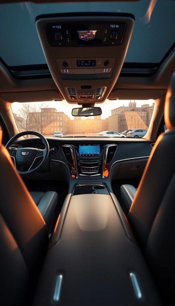 Cadillac Escalade Premium Sound System: a luxurious, high-fidelity audio experience. A sleek, chrome-accented dashboard houses a state-of-the-art infotainment system with a large, high-resolution touchscreen display. Meticulously engineered speakers are seamlessly integrated throughout the spacious cabin, delivering rich, immersive sound. Soft, ambient lighting sets the mood, while cool, metallic accents create an upscale, sophisticated atmosphere. The scene is captured with a wide-angle lens, highlighting the Escalade's commanding presence and attention to detail. Crisp, natural lighting casts warm, reflective tones, elevating the premium quality of the sound system and the vehicle's luxurious interior.