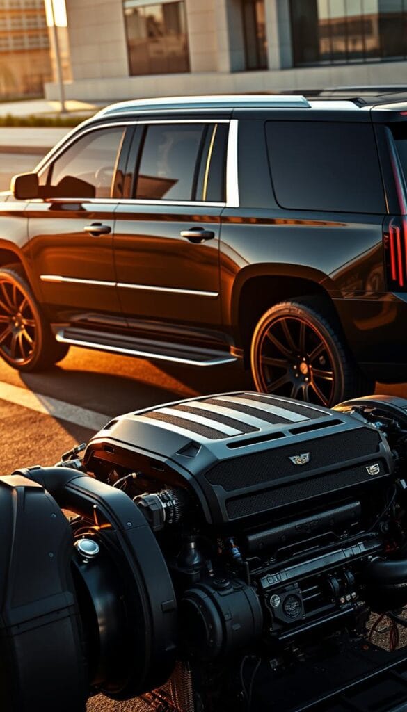 Cadillac Escalade-V Series, a commanding presence on the road. Sleek midnight-black exterior, chiseled lines accentuating its powerful stance. Massive 22-inch alloy wheels, brakes gleaming under intense spotlight. Exposed carbon fiber accents, subtle yet aggressive. Tinted windows reflect the urban landscape, a showcase of technological sophistication. In the foreground, the 6.2L supercharged V8 engine, a beast of 682 horsepower, ready to unleash its fury. Detailed engine components, meticulously rendered, exuding a sense of raw performance. Warm, dramatic lighting illuminates the scene, casting dramatic shadows that heighten the Escalade-V's commanding presence. Capture the essence of unbridled luxury and exhilarating power.