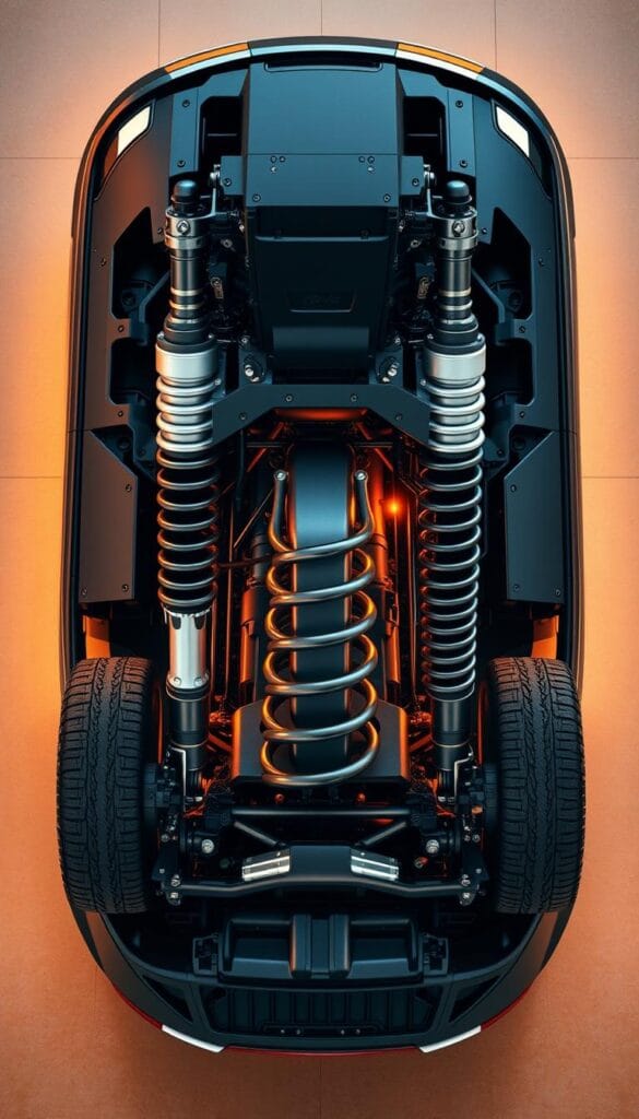 Cadillac Escalade-V Suspension Technology: A high-angle view of the advanced suspension system of a Cadillac Escalade-V, showcasing its sophisticated components in crisp detail. The intricate network of dampers, control arms, and stabilizer bars is illuminated by warm, directional lighting, highlighting the precision engineering and robust construction. The suspension is poised and ready, conveying a sense of power and responsiveness, primed to deliver an exceptional driving experience on any road. The image showcases the Escalade-V's commitment to luxury, performance, and cutting-edge automotive technology.