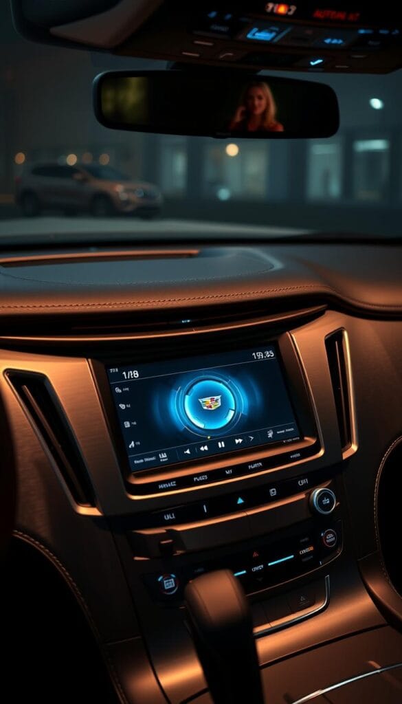 Cadillac Escalade digital audio controls, backlit with a warm, soft glow, showcasing a sleek, brushed metal interface. The dashboard is captured at a 30-degree angle, highlighting the intuitive layout of the controls. The display shows a high-resolution visualizer, pulsing with the rhythm of the music. Subtle reflections and shadows add depth and dimension, while the cabin's ambient lighting sets a luxurious, sophisticated tone. The image conveys the blend of advanced technology and premium craftsmanship that defines the Escalade's premium sound system.