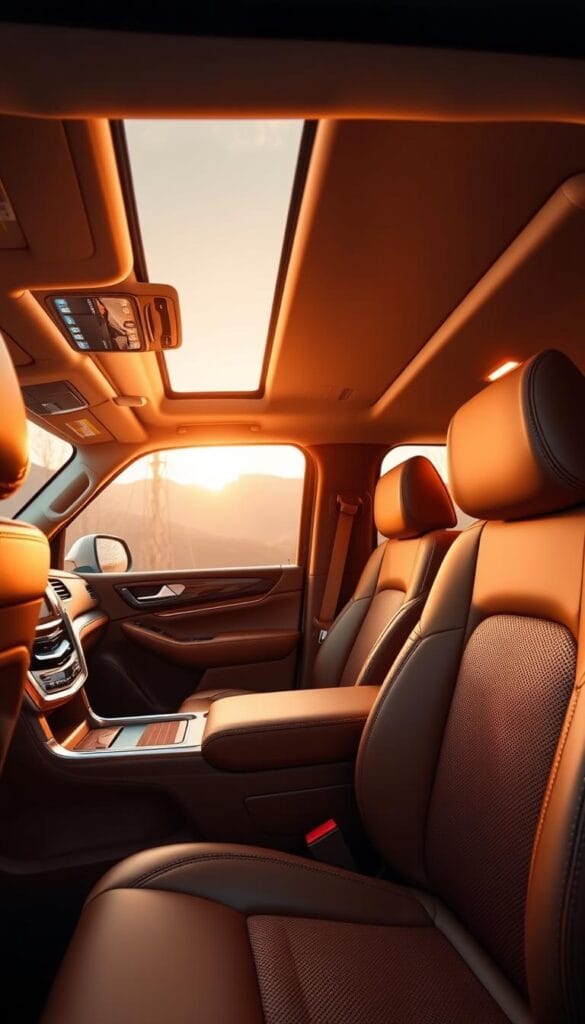 Cadillac Escalade interior, luxurious and spacious cabin bathed in warm ambient lighting. Plush leather seats in rich tan hues, detailed stitching and quilted patterns. Polished wood accents on the dashboard and center console, with brushed metal trim. Panoramic sunroof fills the space with natural light. Soft, indirect illumination highlights the premium leatherwork and high-end materials. Attention to craftsmanship and elegant design throughout, creating a serene and sophisticated atmosphere. A driver-focused cockpit layout with advanced infotainment and digital instrumentation. Capture the essence of Cadillac's flagship SUV, a haven of luxury and refinement.