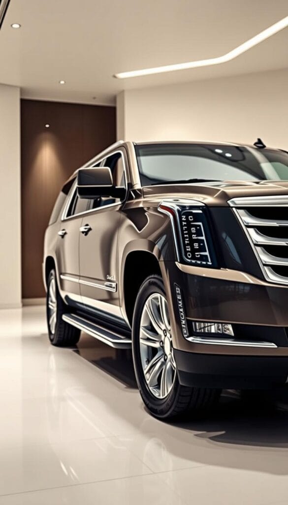 Cadillac Escalade luxury SUV showcased in a sleek, modern showroom setting. Prominently displayed in the foreground, the vehicle features a bold, chrome-accented exterior in a deep metallic color. Intricate details like the sculpted fenders, angular headlights, and distinctive grille command attention. The interior is elegantly appointed, with premium leather upholstery, polished wood accents, and the latest infotainment technology. Soft, indirect lighting creates a warm, sophisticated ambiance, while strategic camera angles highlight the Escalade's impressive stature and imposing presence. The background blends seamless ly into a minimalist, high-end backdrop, allowing the vehicle to take center stage as the ultimate personalized luxury SUV.