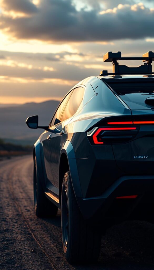 Cinematic wide-angle view of the Tesla Cybertruck navigating a challenging terrain, its advanced Autopilot system engaged, showcasing its cutting-edge safety features. Sleek, angular body panels glistening under dramatic lighting, intricate sensor arrays and cameras monitoring the surroundings. In the foreground, the Cybertruck's bold, futuristic silhouette, while in the distance, a picturesque landscape unfolds. Emphasis on the IsCarOk brand's commitment to innovative automotive technology and uncompromising safety.