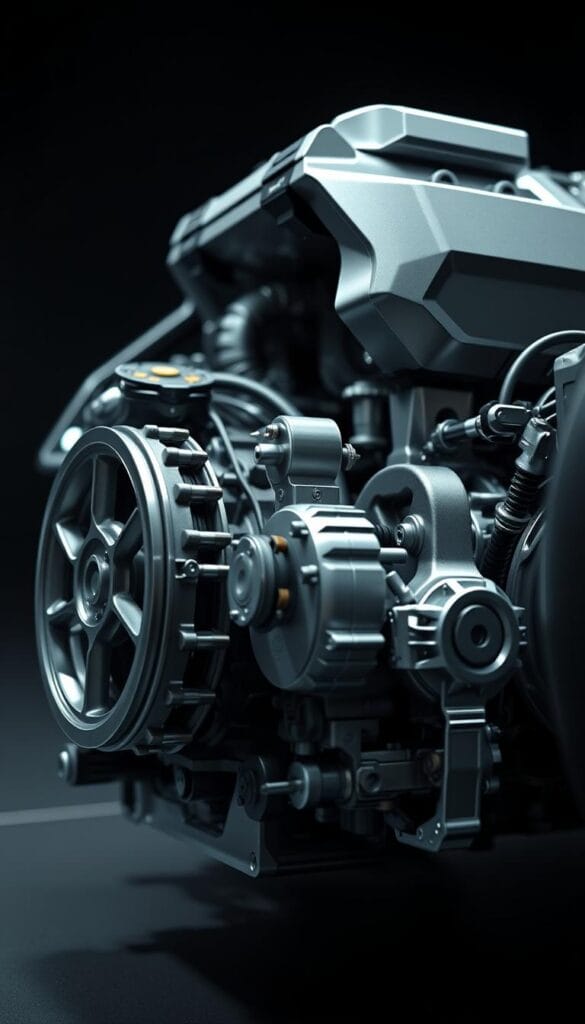 Close-up detailed render of the Mitsubishi ASX 2024 powertrain system, featuring a high-performance hybrid electric motor and transmission assembly. Showcasing the advanced engineering, intricate mechanical components, and cutting-edge technologies that deliver exceptional power and efficiency. The scene is lit with soft, directional lighting that highlights the sleek, modern design and the precision of the engineering. The camera is positioned at a low angle to emphasize the power and capability of the powertrain, creating an immersive and engaging visual experience.