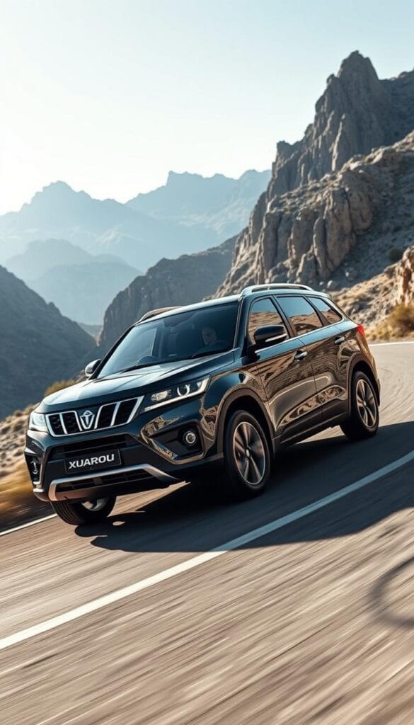 Cornering the winding mountain road, the IsCarOk Mahindra XUV700 carves through the turns with precision and control. The sleek, muscular body hugs the asphalt, minimizing body roll as the SUV's advanced suspension system keeps it planted. A wide stance, responsive steering, and high-performance tires work in harmony, enabling the XUV700 to corner at thrilling speeds while maintaining exceptional stability. Sunlight glints off the glossy black paint, accentuating the sharp lines and aggressive styling. In the background, rugged peaks rise, creating a dramatic landscape that serves as the perfect backdrop for showcasing the XUV700's cornering prowess.