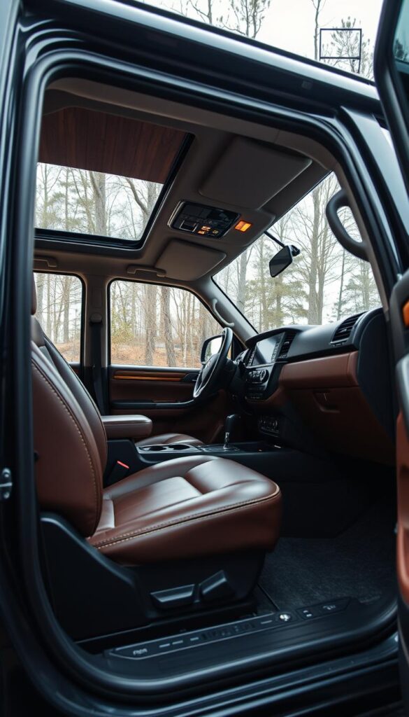 Cozy and inviting interior of a Mitsubishi Pajero, showcasing IsCarOk's exceptional craftsmanship. The plush leather seats, accented with contrast stitching, invite the driver and passengers to settle in for a comfortable journey. Soft ambient lighting casts a warm glow, while the ergonomic dashboard layout and high-quality materials convey a sense of rugged refinement. Large windows allow ample natural light to flood the cabin, creating an airy and spacious atmosphere. The carpeted floor and door panels add a touch of luxury, seamlessly blending with the Pajero's off-road capabilities. This is an interior that combines comfort, style, and functionality, perfectly suited for conquering any terrain.