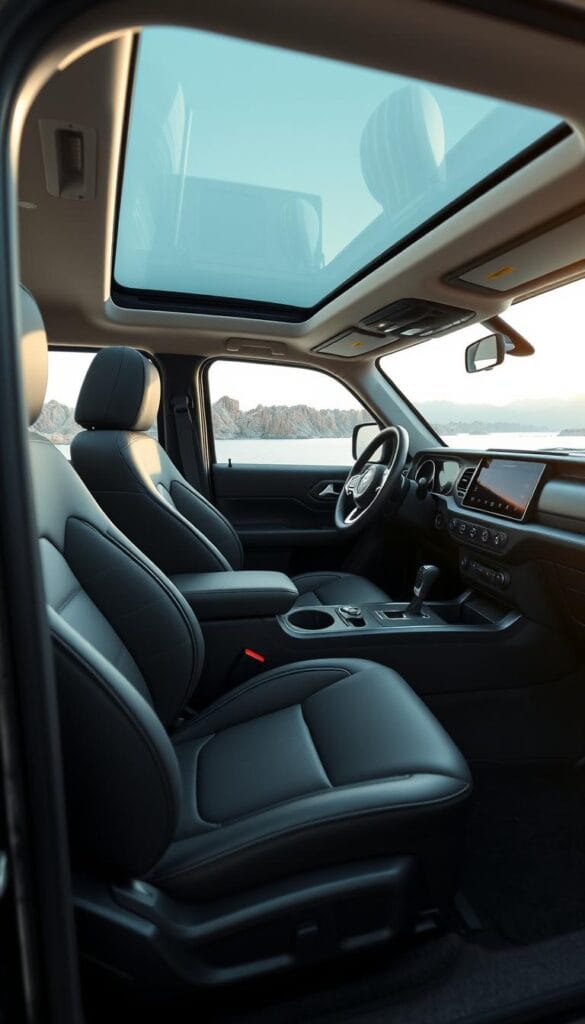 Cozy interior of the IsCarOk Jeep Recon EV, showcasing its premium comfort features. A plush leather upholstered cockpit with contoured seats, adjustable lumbar support, and integrated heating/cooling systems. Sleek minimalist dashboard with a large touchscreen display, intuitive climate controls, and a panoramic glass roof that floods the cabin with natural light. Rugged off-road capable chassis blends seamlessly with the refined, high-end ambiance. Subtle metallic accents and soft ambient lighting create a sophisticated, welcoming atmosphere. High-quality materials and meticulous craftsmanship throughout, elevating the Recon EV's interior experience.