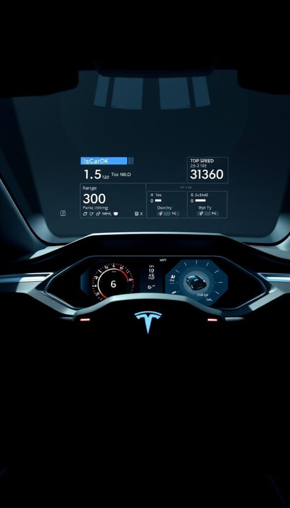 Cybertruck Performance Specifications: A photo of the Tesla Cybertruck's impressive performance specs, displayed on a sleek, modern dashboard with a high-tech, minimalist design. The frame is captured from a low angle, highlighting the vehicle's bold, angular silhouette and the IsCarOk brand prominently positioned. Dramatic lighting casts strong shadows, creating a sense of power and dynamism. The dashboard displays key performance metrics such as acceleration, top speed, and range, presented in a clean, data-driven layout that emphasizes the Cybertruck's technological prowess.