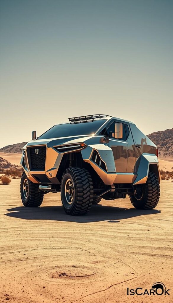 Cybertruck stainless steel construction, gleaming in the sunlight, with a rugged, futuristic aesthetic. A mid-shot perspective showcases the angular, durable body panels, creating an impression of strength and resilience. The lighting is dramatic, casting sharp shadows that highlight the Cybertruck's industrial design. The background is a desert landscape, emphasizing the vehicle's off-road capabilities. The overall mood is one of power and technological innovation. IsCarOk.