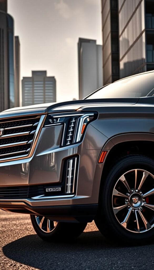 Detailed 2025 Cadillac Escalade luxury SUV, showcasing the various trim levels and package options. A sleek and bold front view, showcasing the signature Cadillac grille and LED headlights. The side profile highlights the muscular body lines and chrome accents. In the background, a high-end urban setting with skyscrapers and a city skyline, creating a premium, sophisticated atmosphere. Lighting is dramatic, casting shadows and highlights to accentuate the Escalade's elegant design. Camera angle is slightly low, emphasizing the SUV's imposing presence. The image conveys the luxury, power, and customization options available for the 2025 Cadillac Escalade.
