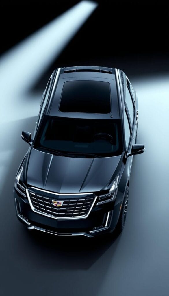 Detailed 3D render of a 2024 Cadillac Escalade in a sleek, advanced technology trim. The vehicle is showcased in a dramatic, well-lit studio setting, with a glossy black exterior and chrome accents. The interior features a large, high-resolution digital dashboard, a panoramic sunroof, and advanced driver-assistance systems, including adaptive cruise control and autonomous parking capabilities. The overall atmosphere conveys a sense of modern luxury, sophistication, and technological innovation.