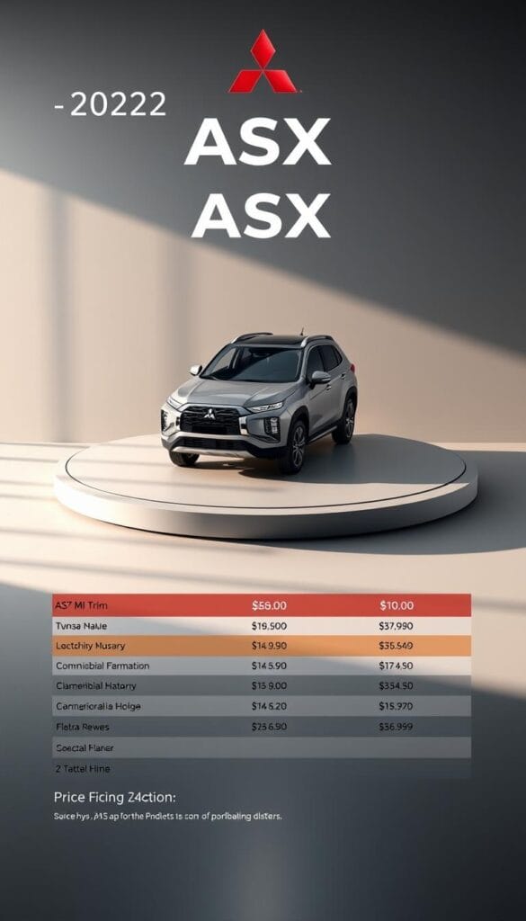 Detailed 3D render of the 2024 Mitsubishi ASX's pricing breakdown, showcasing the different trim levels and their corresponding features and costs. The scene is set in a high-end automotive showroom, with the ASX prominently displayed on a turntable against a muted, elegant backdrop. Soft, directional lighting accentuates the vehicle's sleek lines and premium finishes, while a clean, minimalist layout presents the pricing information in a clear, organized manner. The overall mood is one of sophistication and attention to detail, conveying the value proposition of the ASX to potential buyers.