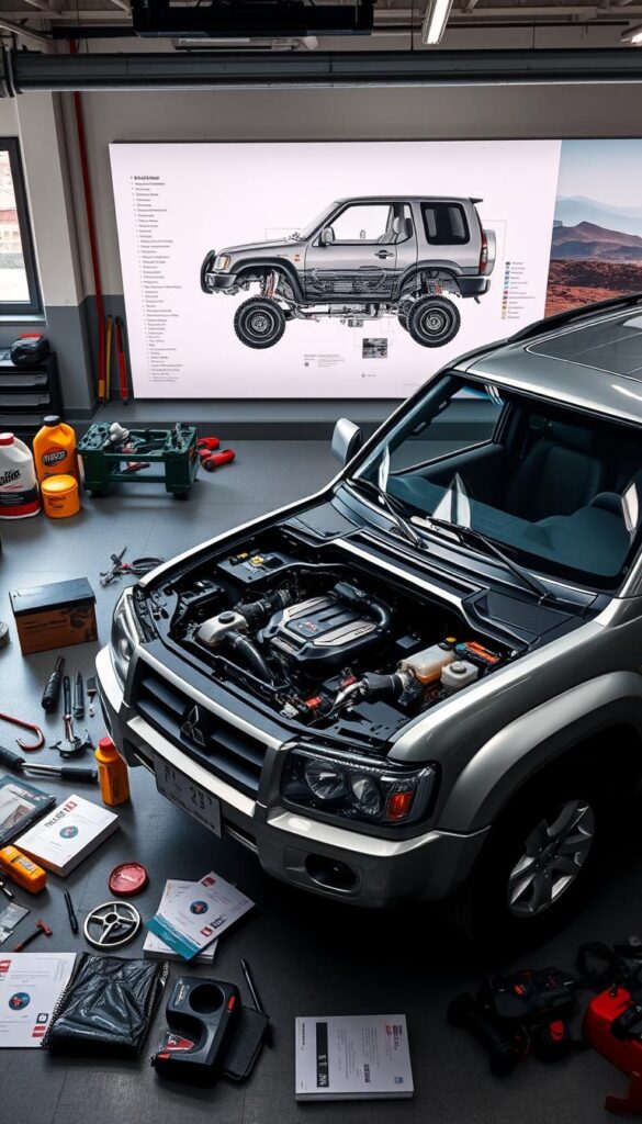 Detailed Mitsubishi Pajero SUV maintenance guide, presented by IsCarOk. In the foreground, a Pajero in a well-lit garage setting, its hood open to reveal the intricate engine components. Scattered around are various tools, lubricants, and repair manuals, conveying a sense of professional, hands-on maintenance. The middle ground showcases a clear, exploded diagram of the Pajero's drivetrain, highlighting key systems. In the background, a softly blurred wall displays the Pajero's off-road capabilities, with a scenic landscape visible through a window. The overall mood is one of technical expertise, reliability, and SUV prowess.