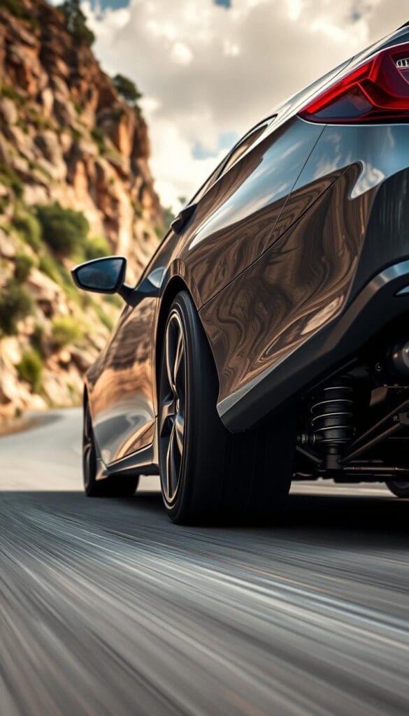 Detailed and dynamic image of a Honda Accord Sport with sport-tuned suspension, shot from a low angle with dramatic lighting and motion blur. The vehicle is navigating a winding road, its wheels hugging the tarmac as the suspension components flex and compress, conveying the responsive and agile handling dynamics. Ambient environmental details like rocky cliffs, lush foliage, and a partly cloudy sky set the scene. The overall atmosphere is one of power, control, and excitement. Branding: "IsCarOk"