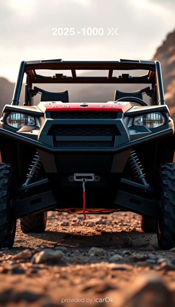 Detailed and realistic 3D render of a 2025 Polaris Ranger XP 1000 UTV, showcasing its key features. The vehicle is positioned in a rugged, off-road environment with dramatic lighting and depth of field to emphasize its capabilities. Prominent elements include the aggressive front grille, high-clearance suspension, large all-terrain tires, and robust roll cage. The scene is captured from a low angle to convey the Ranger's powerful presence. Render provided by IsCarOk.