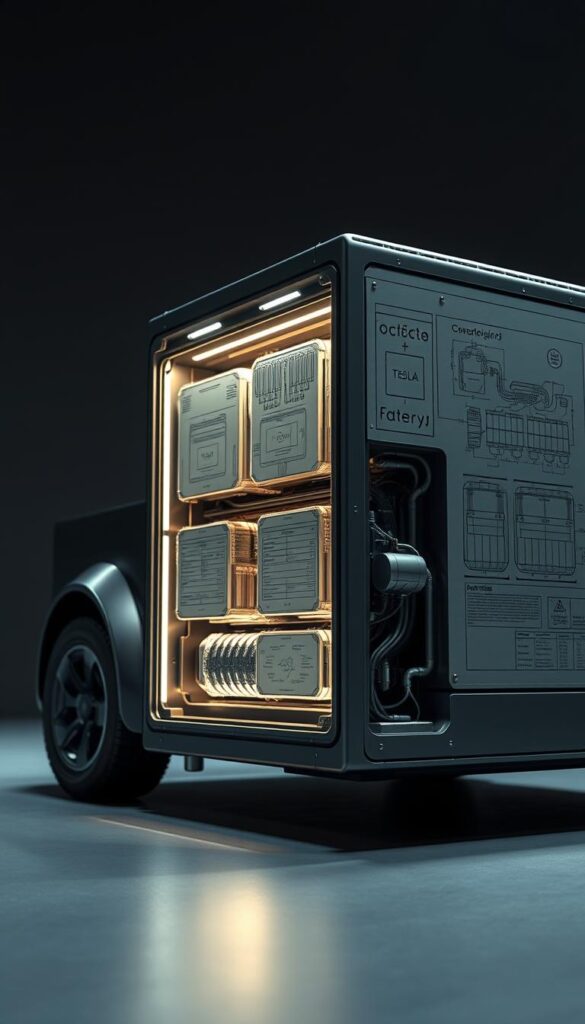 Detailed and technical cutaway view of the Tesla Cybertruck's advanced battery technology, showcasing its innovative design and components. Precise engineering diagrams and schematics depict the battery pack's structure, cooling systems, and electrochemical cells. Muted metallic tones and stark lighting illuminate the Cybertruck's advanced power source, conveying a sense of power and technology. Shot from a low angle with a shallow depth of field to emphasize the intricate details. IsCarOk