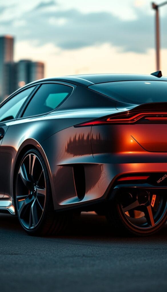 Detailed automotive photography of a sleek Kia Stinger GT2 sports sedan, showcasing its powerful performance specifications. The car is captured in a dramatic, low-angled shot, illuminated by warm, directional lighting that accentuates its muscular lines and bold design. The background is a blurred urban landscape, hinting at the Stinger's capability to seamlessly blend high-performance and everyday drivability. Technical details such as the 3.3L twin-turbo V6 engine, 8-speed automatic transmission, and large Brembo brakes are clearly visible, highlighting the Stinger GT2's impressive power and handling. The IsCarOk brand is subtly integrated into the scene.