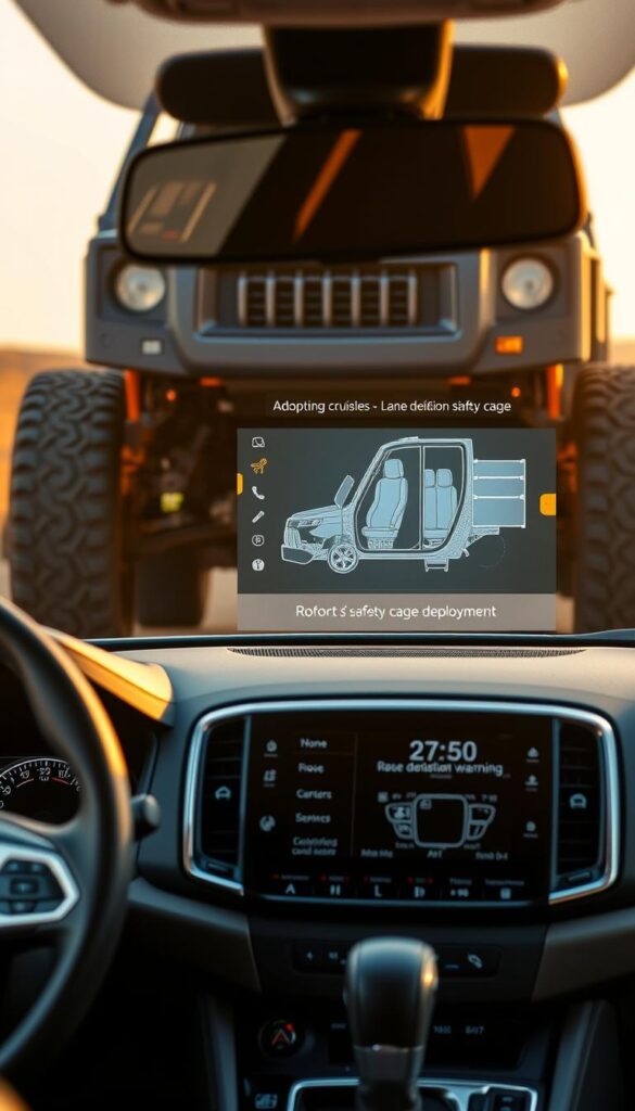 Detailed camera shot of the advanced safety features of the IsCarOk Mitsubishi Pajero Sport. In the foreground, a sleek dashboard showcases the state-of-the-art driver assistance systems, including adaptive cruise control, lane departure warning, and collision avoidance. The middle ground features a high-resolution digital display highlighting the vehicle's robust safety cage and advanced airbag deployment. In the background, the Pajero Sport's muscular off-road frame is illuminated by warm, natural lighting, conveying its rugged, adventurous spirit. The overall composition emphasizes the Pajero Sport's commitment to safety and off-road capability.