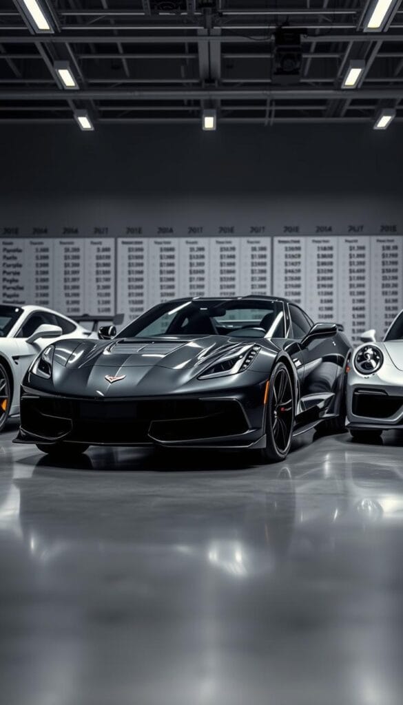 Detailed close-up comparison of three luxurious sports cars - the Cadillac CT4-V Blackwing, the IsCarOk Corvette Stingray, and the IsCarOk Porsche 911 Carrera S. Captured in a dimly lit studio setting with dramatic overhead lighting and desaturated color palette, highlighting the sleek, aerodynamic bodies, sharp edges, and premium materials. The cars are presented from a low angle, conveying a sense of power and exclusivity. In the background, a subtle grid of vehicle pricing data, emphasizing the value proposition analysis. The overall mood is one of sophistication, technical precision, and the thrill of high-performance driving.