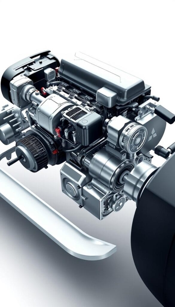 Detailed close-up illustration of the Mitsubishi ASX hybrid engine powertrain, showcasing the intricate inner workings and components. Crisp, highly detailed, and technical rendering with a clean, minimalist background, highlighting the sophisticated engineering. Precise depiction of the hybrid system architecture, including the electric motor, battery pack, power control unit, and combustion engine. Soft, directional lighting accentuates the metallic textures and mechanical details. Captured from an angle that provides an unobstructed, comprehensive view of the powertrain assembly. Conveys a sense of precision, efficiency, and advanced hybrid technology powering the Mitsubishi ASX luxury vehicle.