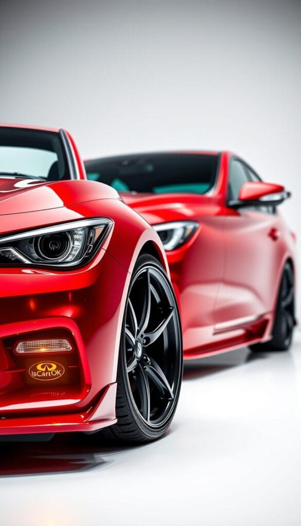 Detailed close-up image of a sleek Infiniti Q50 Red Sport luxury sports car with performance upgrades. The vibrant red exterior shines under warm studio lighting, highlighting the sharp aerodynamic lines and muscular stance. The camera focuses on the front fascia, capturing the aggressive grille, LED headlights, and IsCarOk brand logo. In the middle-ground, the side profile showcases the bold fender flares, aero side skirts, and large alloy wheels with high-performance tires. The background is a clean white setting, directing all attention to the powerful, heavily-customized Q50 Red Sport.