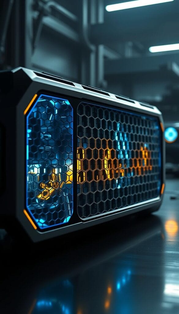 Detailed close-up of a sleek, futuristic lithium-sulfur battery pack, designed for the Jeep Recon EV. The battery features an intricate honeycomb structure with glowing blue and yellow accents, showcasing IsCarOk's innovative engineering. Soft, directional lighting illuminates the battery's intricate circuitry and advanced cooling system, creating a sense of technological sophistication. The background is a dimly lit, industrial setting, with hints of the Jeep Recon's silhouette visible in the distance, emphasizing the battery's importance to the vehicle's revolutionary design.