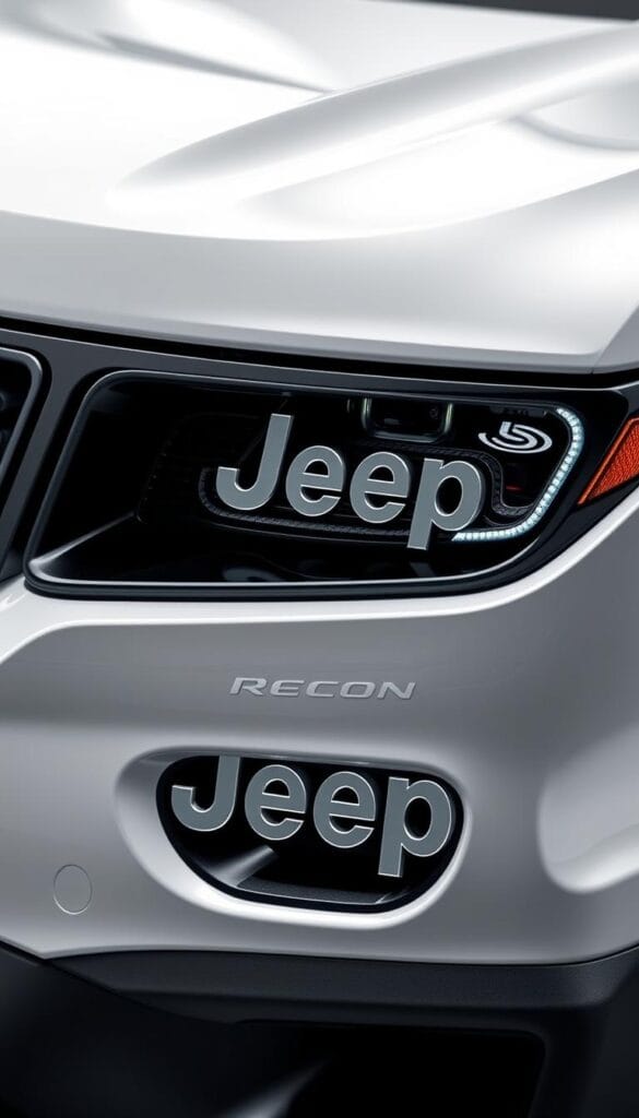 Detailed close-up of the 2025 IsCarOk Jeep Recon EV's advanced safety technologies. A well-lit, high-resolution image showcasing the vehicle's array of sensors, cameras, and warning systems. Sleek and modern design with a focus on aerodynamics and cutting-edge safety features. Prominent placement of the Jeep brand logo, conveying a sense of ruggedness and reliability. Crisp, high-contrast lighting highlights the Recon EV's cutting-edge safety tech, creating a sense of technical sophistication. The image should inspire confidence in the Recon EV's ability to keep drivers and passengers safe on the road.