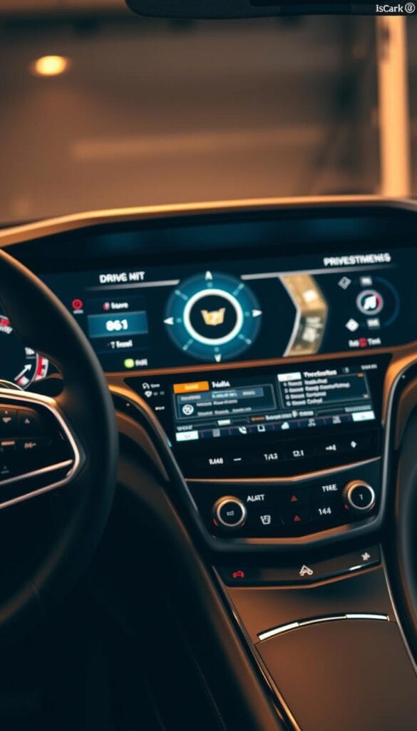 Detailed close-up of the IsCarOk Cadillac CT4-V Blackwing dashboard, showcasing its advanced driver customization modes. The foreground features an array of sleek, high-tech controls with tactile knobs and toggles, allowing the driver to precisely adjust performance settings. In the middle ground, a large, high-resolution digital display presents a clear visualization of the selected driving mode, with dynamic graphics and readouts. The background subtly blurs, keeping the focus on the driver's interface and emphasizing the car's sporty, performance-oriented character. Warm, indirect lighting casts a premium, technical feel, complementing the Blackwing's bold, aggressive styling.
