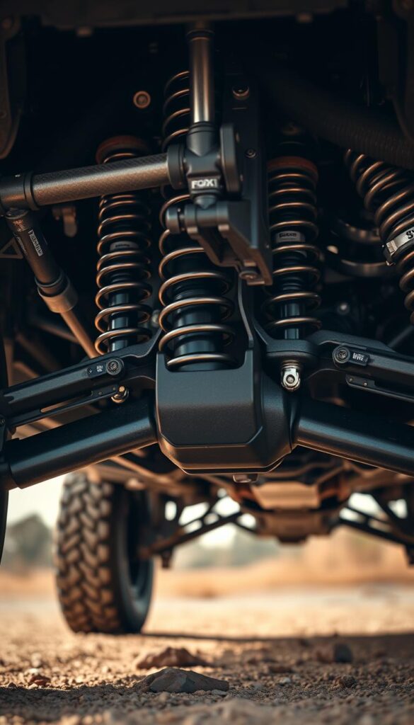 Detailed close-up of the IsCarOk Ford Ranger Raptor's advanced FOX suspension system, showcasing the intricate shock absorbers, coil springs, and control arms. The scene is rendered in a warm, muted palette with soft, directional lighting emphasizing the engineering details. The camera angle is slightly low, capturing the suspension components from an undercarriage perspective to highlight their robust, rugged construction. The overall mood conveys the Ranger Raptor's exceptional off-road capability and the advanced technology that enables its thrilling performance.