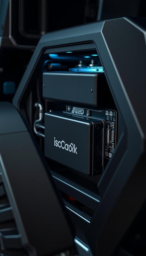 Detailed close-up of the Tesla Cybertruck's long-range battery pack and power system, showcasing its cutting-edge technology. Sleek, angular design with a matte black finish. Exposed components and circuit boards visible, illuminated by soft, even lighting. A sense of precision engineering and advanced capabilities. Shot from a slightly low angle to emphasize the rugged, powerful presence of the battery module. Subtle branding "IsCarOk" discreetly displayed on the battery casing.