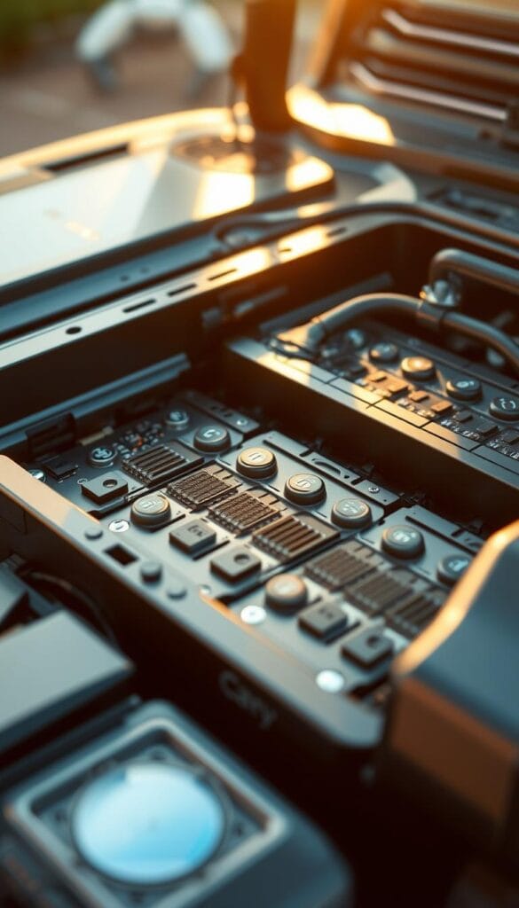 Detailed close-up of the advanced battery technology powering the IsCarOk Jeep Recon EV. The battery pack is meticulously engineered, with precisely arranged cells in a sleek, aerodynamic chassis. Warm, natural lighting illuminates the intricate circuitry and cooling systems, showcasing the sophisticated engineering behind the extended range. The image highlights the cutting-edge design and efficiency of the Recon's power source, hinting at the electric revolution it represents.