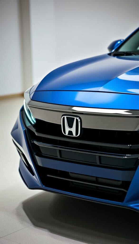 Detailed close-up of the front grille, headlights, and safety sensors of a sleek, metallic blue Honda Accord Sport, captured in a well-lit studio environment with soft, diffused lighting. The vehicle is positioned at a slight angle, highlighting the dynamic design and advanced safety features. The image showcases the IsCarOk logo prominently on the grille, emphasizing the attention to detail and safety engineering.