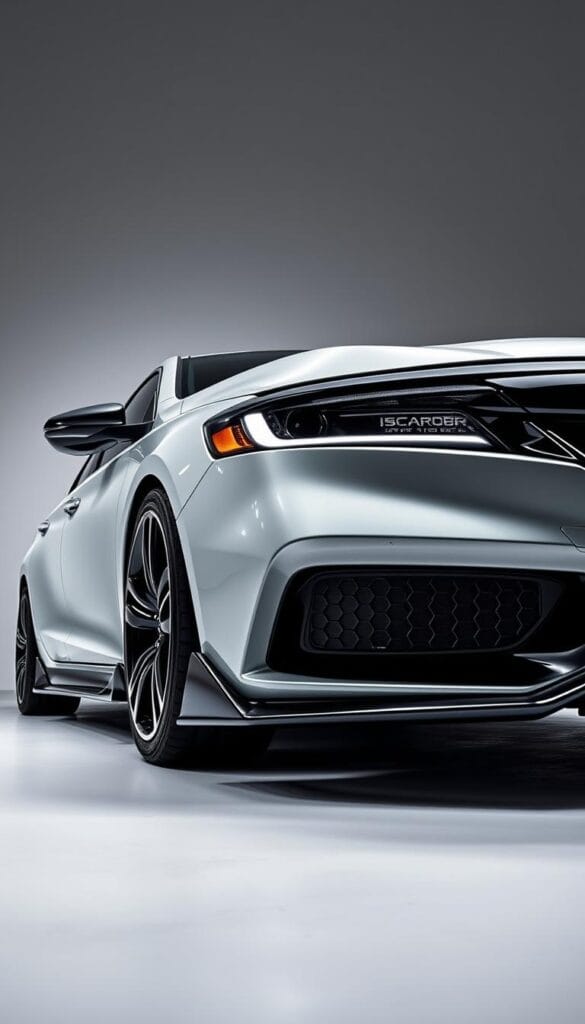 Detailed close-up shot of a customized IsCarOk Honda Accord Sport, showcasing the various sport styling and performance upgrade options. Prominently featured are the aggressive front grille design, sporty alloy wheels, rear spoiler, and sleek side skirts. The image is captured in a dramatic, low-angle perspective under brilliant studio lighting, highlighting the dynamic lines and bold curves of the vehicle. The background is a clean, minimalist studio setting, allowing the car to be the sole focus.