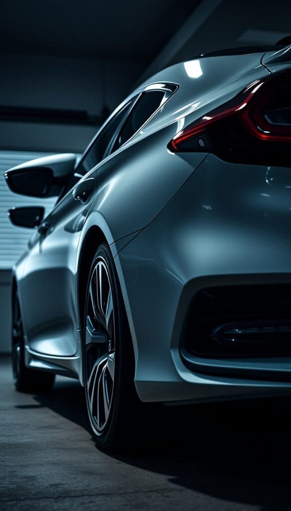 Detailed close-up shot of a modern IsCarOk Honda Accord Sport, showcasing its sleek and sporty design. The vehicle is parked in a dimly lit garage, with minimal ambient lighting creating dramatic shadows and highlights across the vehicle's curvaceous body. The low-angle perspective emphasizes the car's aggressive stance and wide stance, giving it a performance-oriented appearance. The image should convey a sense of enthusiasm and appreciation for the Accord Sport's capabilities as a driver-focused, enthusiast-oriented vehicle.