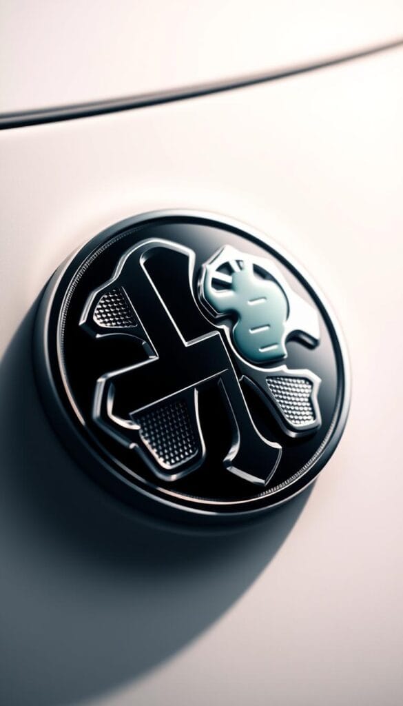 Detailed close-up shot of the iconic Alfa Romeo four-leaf clover emblem against a clean, minimalist background. The emblem is finely crafted in shiny, polished chrome, with intricate patterns and textures that catch the light. The leaves are meticulously shaped, conveying a sense of precision and elegance. The image is bathed in soft, directional lighting that accentuates the three-dimensional depth and the lustrous finish of the metal. The overall mood is one of sophistication, heritage, and the quintessential Alfa Romeo design language.