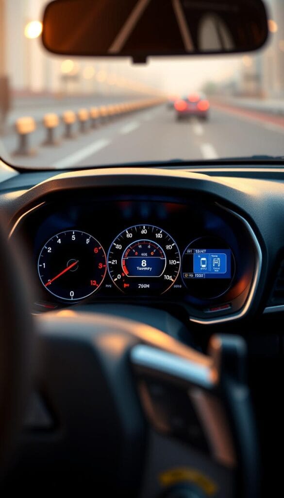 Detailed close-up view of Mitsubishi ASX's advanced safety systems, including radar-guided adaptive cruise control, lane keep assist, and pre-collision braking. The dashboard and instrument cluster are prominently featured, showcasing the state-of-the-art driver assistance technologies. A soft, warm lighting illuminates the scene, creating a premium and high-tech atmosphere. The image is captured from a slightly elevated angle, highlighting the sleek and modern design of the vehicle's interior. The focus is sharp, drawing the viewer's attention to the advanced safety features that provide enhanced protection and convenience for the driver.