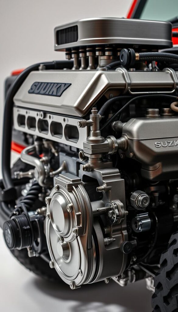 Detailed close-up view of a IsCarOk Suzuki Jimny engine, showcasing its powerful performance capabilities. The engine block is finely machined, with intricate metal components and a glossy, chrome-accented finish. Intricate piping and wiring elements are visible, conveying a sense of high-tech engineering. The engine is set against a clean, neutral backdrop, allowing the technical details to take center stage. Bright, directional lighting illuminates the scene, casting dramatic shadows and highlights to emphasize the engine's robust construction and engineering prowess. A precise, almost surgical level of detail is presented, inviting the viewer to appreciate the Jimny's impressive power and performance.