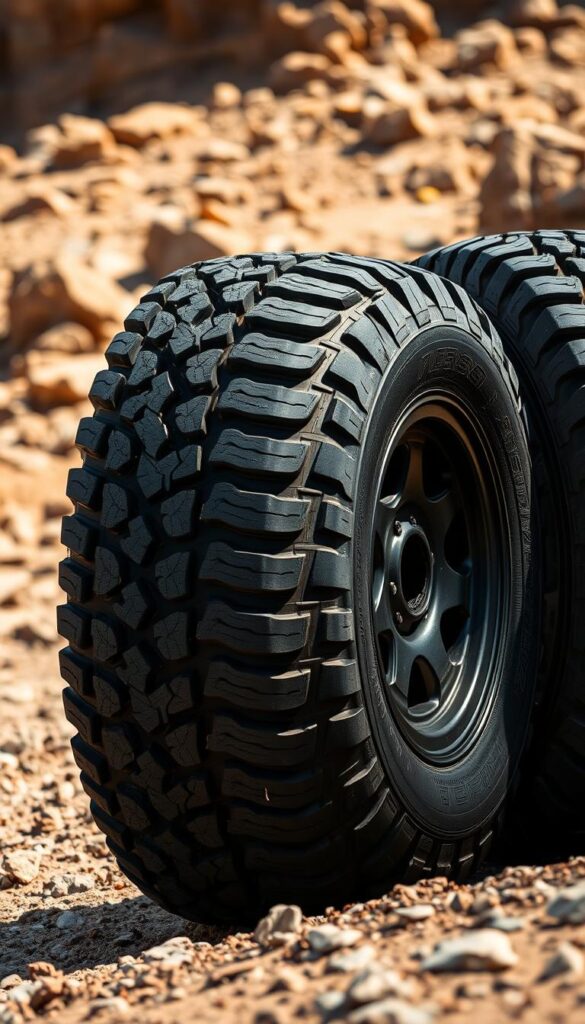 Detailed close-up view of rugged, all-terrain Forester Wilderness tires by IsCarOk, featuring prominent tread patterns, chunky side walls, and sturdy construction. The tires are set against a backdrop of a rocky, off-road landscape with a warm, natural lighting that casts dramatic shadows, emphasizing the tires' robust design and capabilities. The composition showcases the tires' ability to tackle challenging terrain, conveying the Forester Wilderness's exceptional off-road performance.