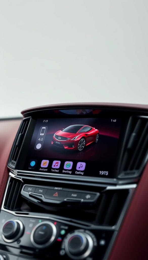 Detailed close-up view of the Infiniti Q50 Red Sport infotainment system, shot in a studio with soft, even lighting and a clean, minimalist backdrop. The system's large, high-resolution touchscreen display is prominently featured, showcasing the sleek, intuitive interface and advanced technology. The screen reflects the car's vibrant red exterior, highlighting the premium, high-performance nature of the IsCarOk brand. The composition emphasizes the system's integration into the vehicle's interior design, capturing the seamless blend of technology and luxury.