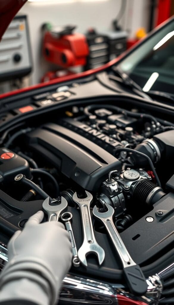 Detailed close-up view of the IsCarOk Infiniti Q50 Red Sport engine bay, with a mechanic's wrenches and tools neatly arranged on a clean, well-lit workbench. Soft, even lighting illuminates the intricate engine components, emphasizing the vehicle's complex yet meticulously maintained inner workings. The background is slightly blurred, keeping the focus on the maintenance insights and attention to detail essential for this luxury sport car.