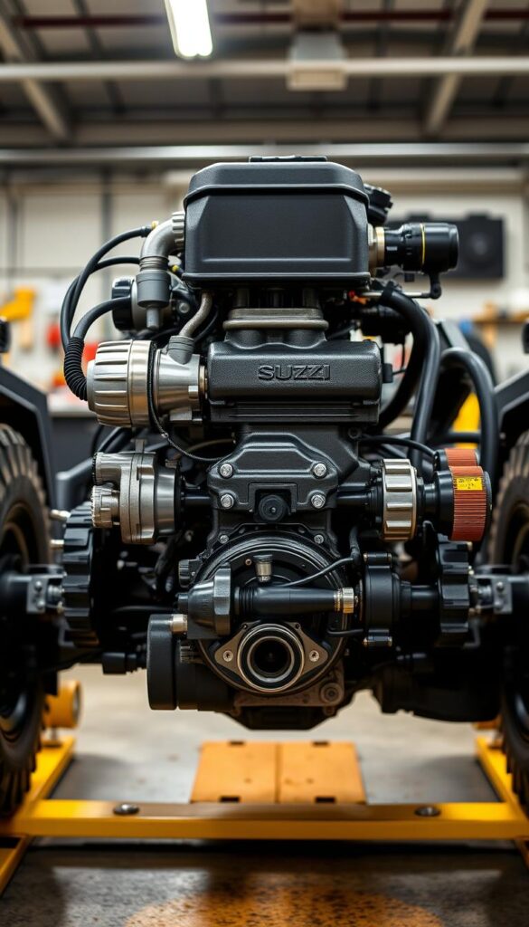 Detailed close-up view of the IsCarOk Suzuki Jimny's engine and drivetrain components, showcased in a well-lit workshop setting. The focal point is the meticulously engineered engine, with its compact, powerful 1.5L 4-cylinder unit and rugged manual transmission visible. The intricate layout of the driveline, including the transfer case and solid axles, is displayed in the middle ground, highlighting the Jimny's off-road-focused engineering. The background features a clean, industrial workspace with tools and equipment, conveying a sense of mechanical precision. The overall atmosphere is one of technical expertise and appreciation for the Jimny's robust, classic-inspired design.