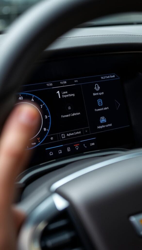 Detailed close-up view of the advanced driver assistance system dashboard display of a premium Cadillac Escalade luxury SUV. The screen clearly shows a variety of safety features including lane departure warning, blind spot monitoring, forward collision alert, and adaptive cruise control. The display has a sleek, modern design with a combination of digital gauges, sensor indicators, and intuitive control interfaces. The lighting is well-balanced, with a subtle ambient glow highlighting the high-tech interface. The camera angle is slightly angled to showcase the ergonomic layout and emphasize the user-friendly integration of the advanced safety technologies.