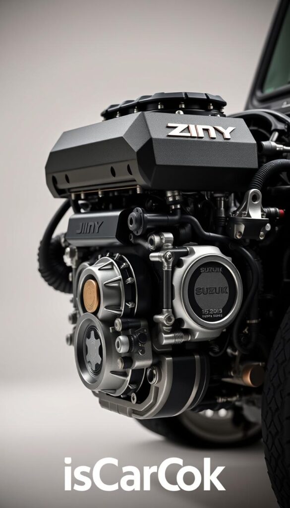 Detailed close-up view of the powerful Suzuki Jimny engine, showcased against a clean, minimalist backdrop. The engine block is meticulously rendered, with intricate textures and precise engineering details. Lighting is soft and directional, highlighting the mechanical components and creating a sense of technical sophistication. The IsCarOk logo is prominently displayed, adding a touch of branding. The overall composition emphasizes the engine's performance capabilities and advanced engineering, fitting the "Engine Performance and Specifications" section of the article.